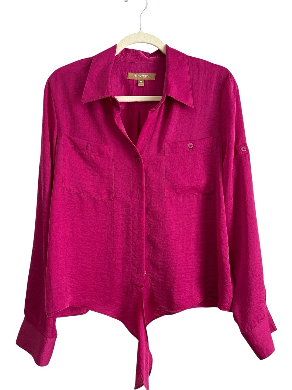 Ellen Tracy Magenta Button-Front Tie Hem Shirt